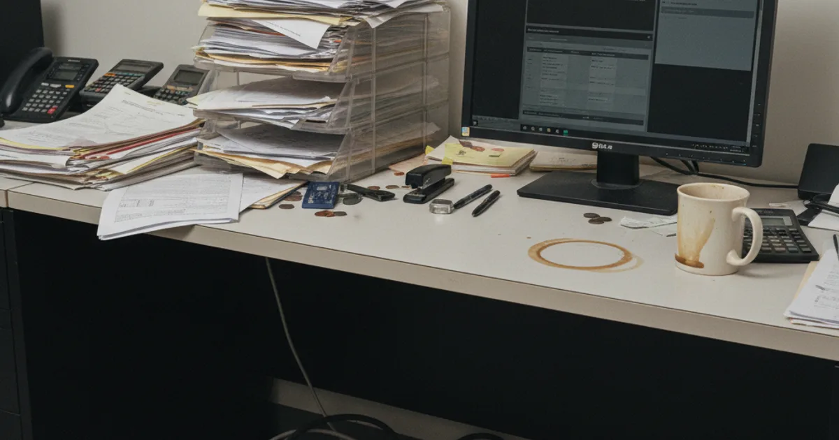 A documentary-style photo of a finance back-office desk at an enterprise company: stacked paper invoices in a worn plastic tray next to a desktop monitor