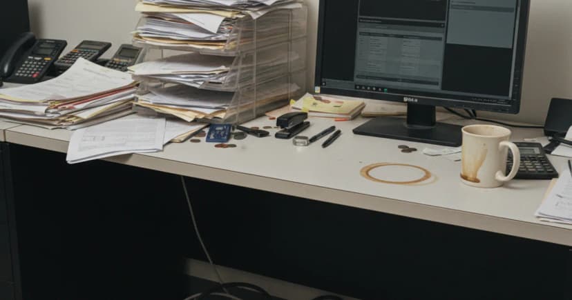A documentary-style photo of a finance back-office desk at an enterprise company: stacked paper invoices in a worn plastic tray next to a desktop monitor