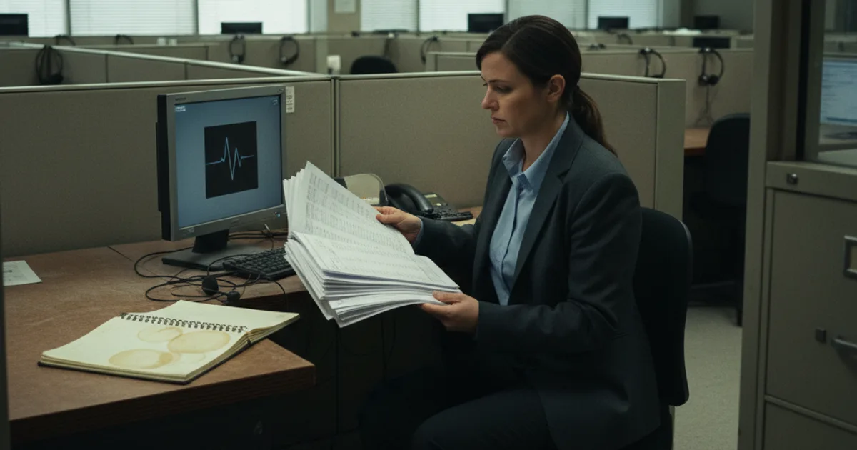A mid-size call center operations room lit by early morning window-blind light, where an operations manager in business casual clothing reviews a printed audit