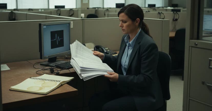 A mid-size call center operations room lit by early morning window-blind light, where an operations manager in business casual clothing reviews a printed audit
