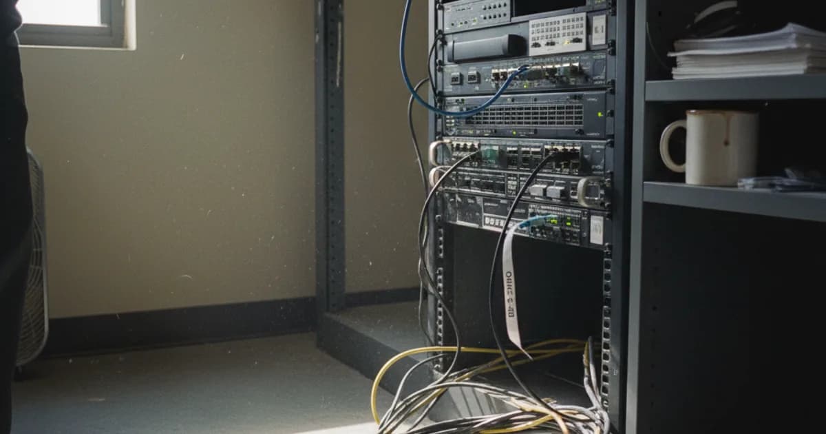 A technician's hands connect a labeled patch cable into an office PBX rack inside a small server closet, morning light slanting through a narrow window and