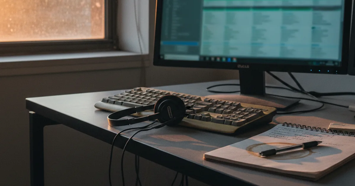A contact center supervisor's desk at dusk, a headset resting beside a worn keyboard and a coffee-ring stained notepad, a desktop monitor glowing with a