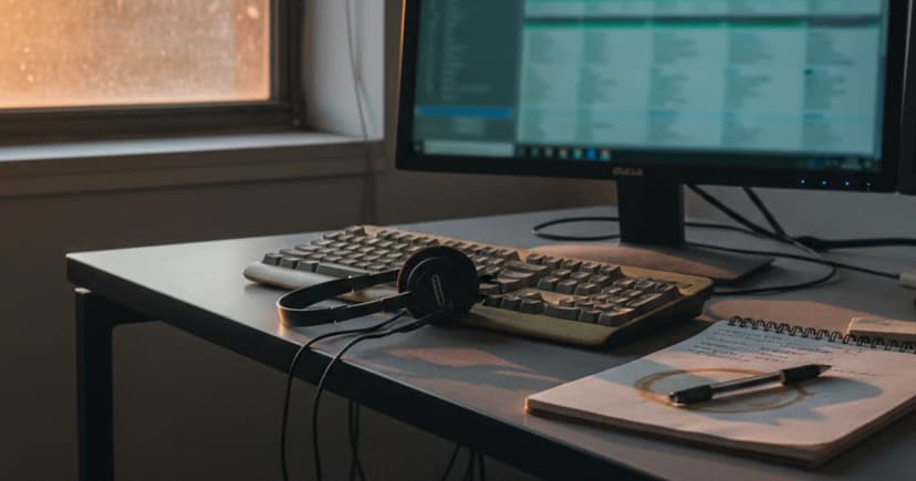 A contact center supervisor's desk at dusk, a headset resting beside a worn keyboard and a coffee-ring stained notepad, a desktop monitor glowing with a