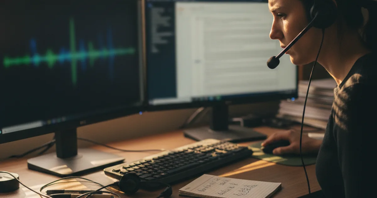 A contact center agent sits at a cluttered desk wearing a headset, two monitors in front of her showing a blurred waveform and an out-of-focus call transcript