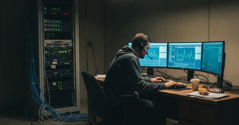 A dimly lit network operations room at night: a technician in a headset leans over a keyboard watching several monitors that show blurred call-volume graphs