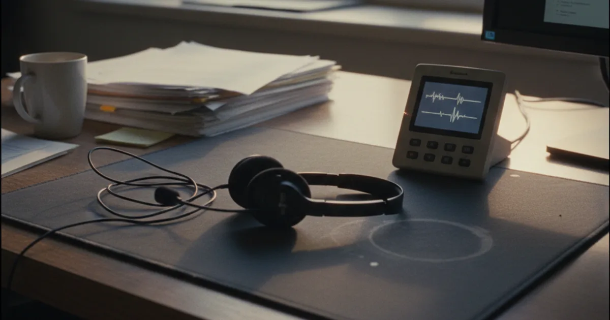 A customer-support agent's desk at dusk, headset resting beside a small desk phone whose dim screen shows two overlapping waveform bars glowing soft blue