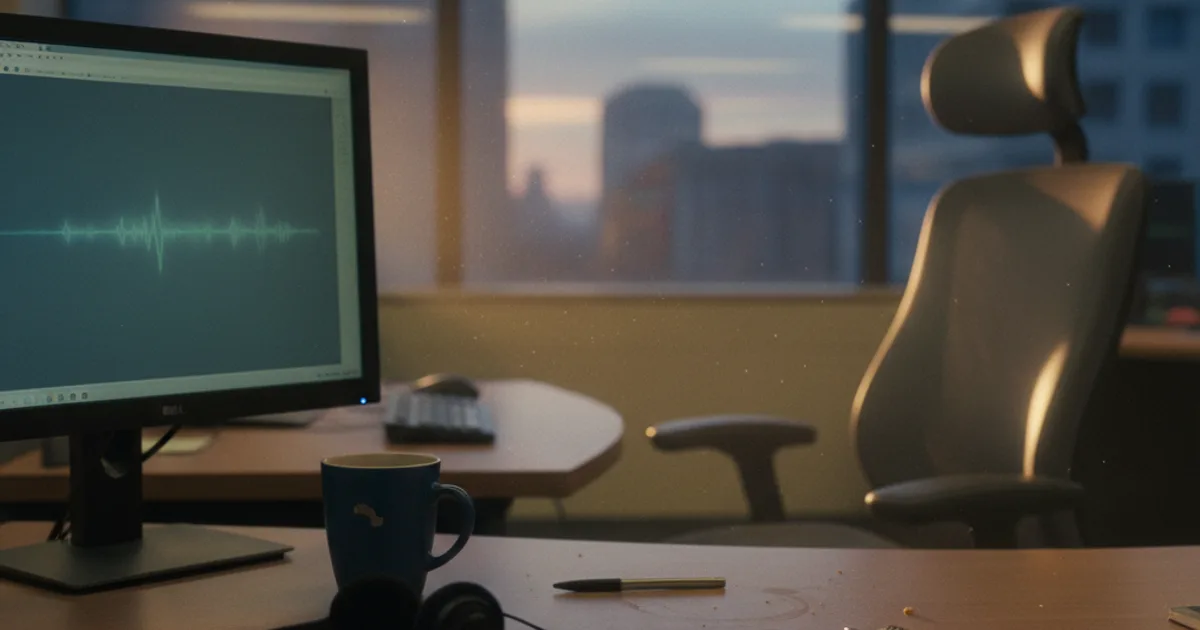 A wide, documentary-style shot of a quiet call center desk at dusk: a headset rests on the desk beside a monitor showing a soft blurred waveform, lit by warm