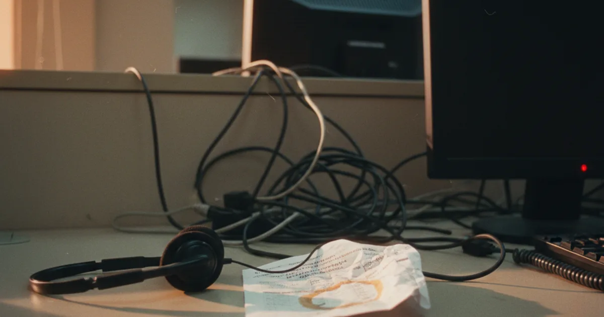 A documentary-style photograph of an evening call center desk: a headset rests on a worn desk edge beside a printed compliance checklist with a coffee ring