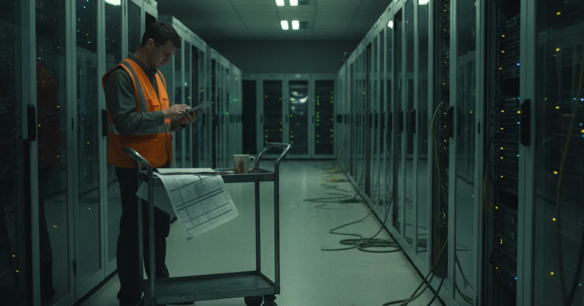 A dim data-center aisle at night with rows of server racks humming under cool overhead fluorescent light, cables loosely bundled and slightly tangled along the