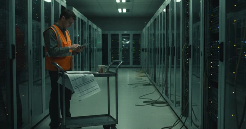 A dim data-center aisle at night with rows of server racks humming under cool overhead fluorescent light, cables loosely bundled and slightly tangled along the