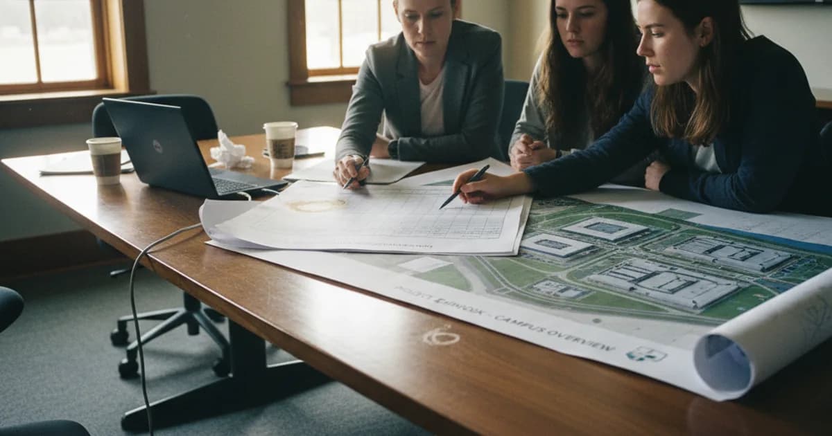 A small operations team gathered around a conference table reviewing a printed multi-year budget spreadsheet next to an aerial site map of a data center