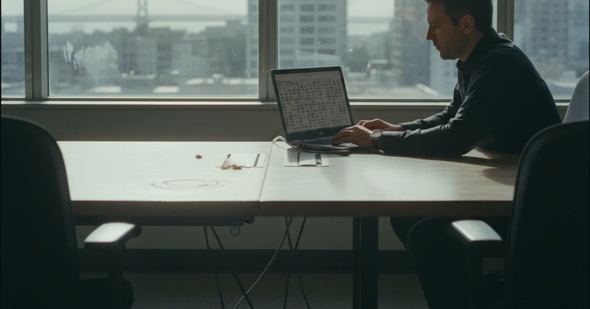 A mid-career operations manager sits at a long conference table in a glass-walled San Francisco office, reviewing a laptop screen that shows a dense grid of