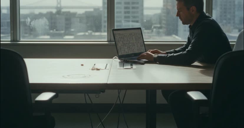A mid-career operations manager sits at a long conference table in a glass-walled San Francisco office, reviewing a laptop screen that shows a dense grid of