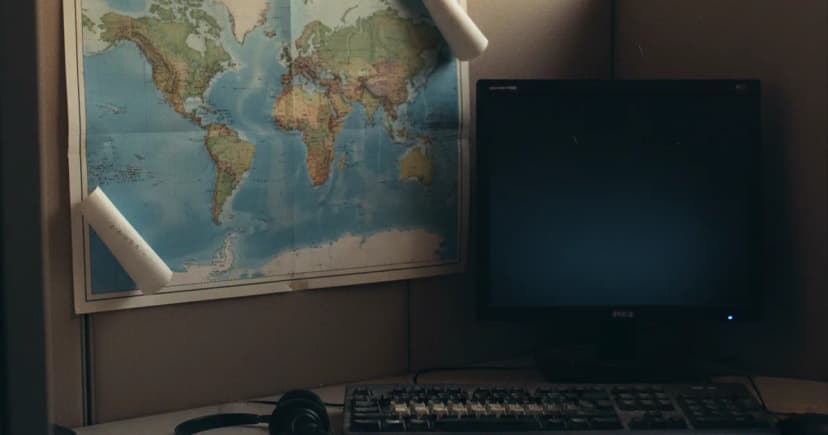 A wide shot of a small multilingual call center desk in late afternoon light: a worn headset rests on a scuffed keyboard, and a faded paper world map is taped