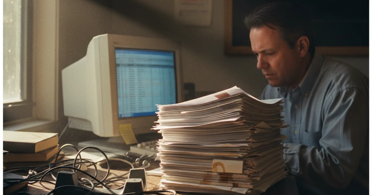 A compliance manager sits at a cluttered desk reviewing a stack of printed audit logs next to a dimmed desktop monitor showing rows of faint call records, lit