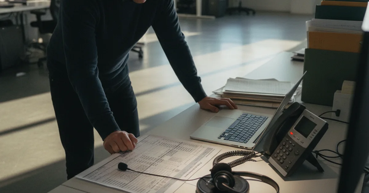 A call center supervisor in a modern open-plan office reviews a printed call-attempt log spread across a cluttered desk next to a softly lit headset and a desk