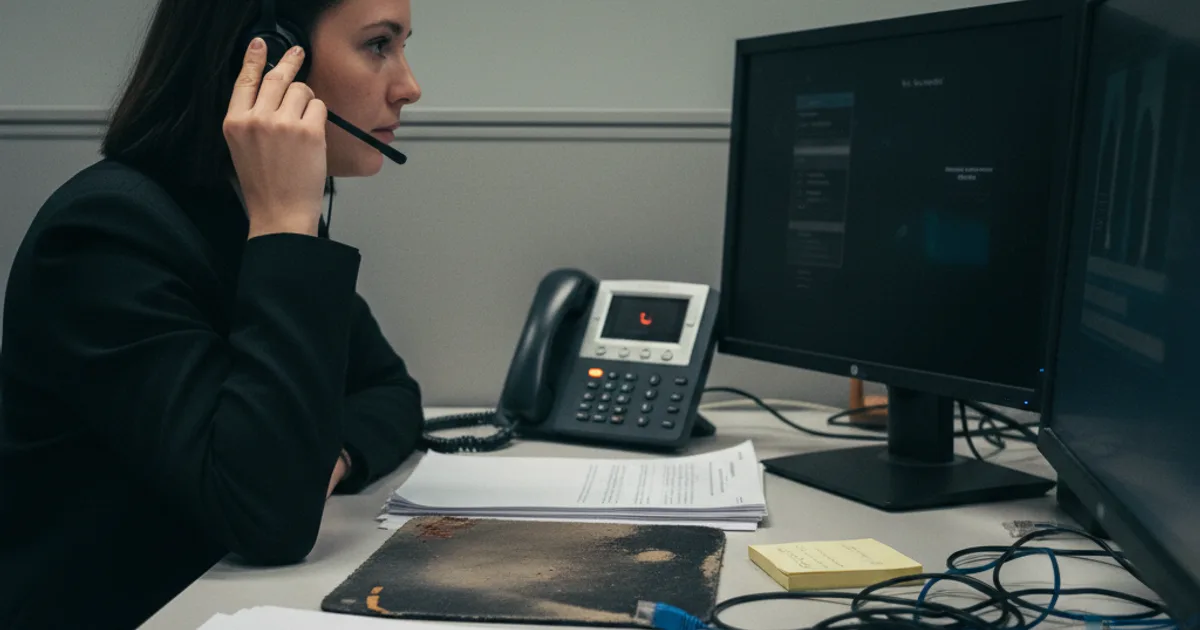 A contact center agent at a desk puts on a headset as a desk phone's hold light blinks, a second monitor beside her showing a dark, blurred call-transfer