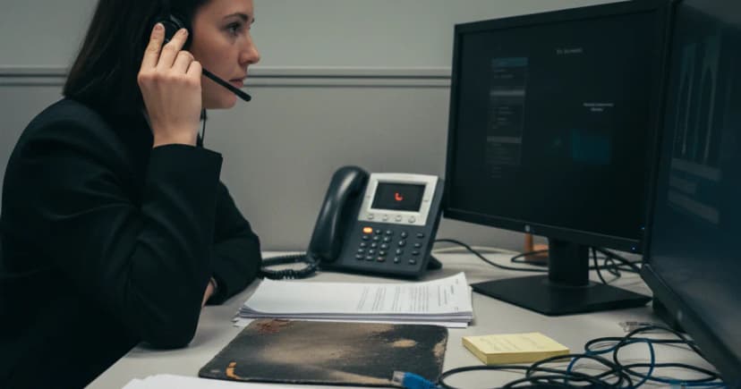 A contact center agent at a desk puts on a headset as a desk phone's hold light blinks, a second monitor beside her showing a dark, blurred call-transfer