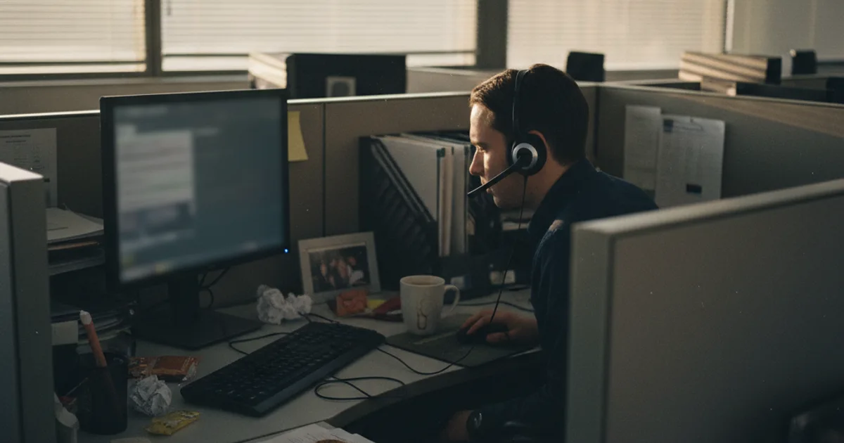 A customer support agent at a cluttered desk in an open plan call center, wearing a headset, looking down at a dim computer monitor showing blurred, unreadable