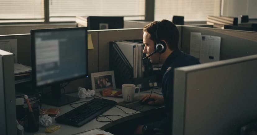 A customer support agent at a cluttered desk in an open plan call center, wearing a headset, looking down at a dim computer monitor showing blurred, unreadable