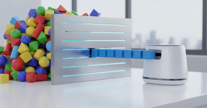 A clean, minimalist 3D render of a bright modern workspace where a chaotic pile of mismatched, multi-colored geometric blocks (representing raw business data)