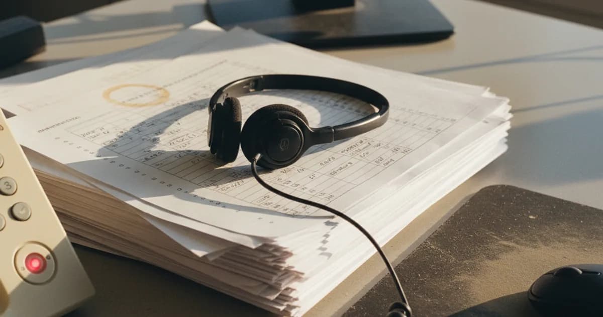 A close-up documentary photograph of a call center desk at late afternoon: a corded telephone headset rests across a stack of printed consent-log sheets, with
