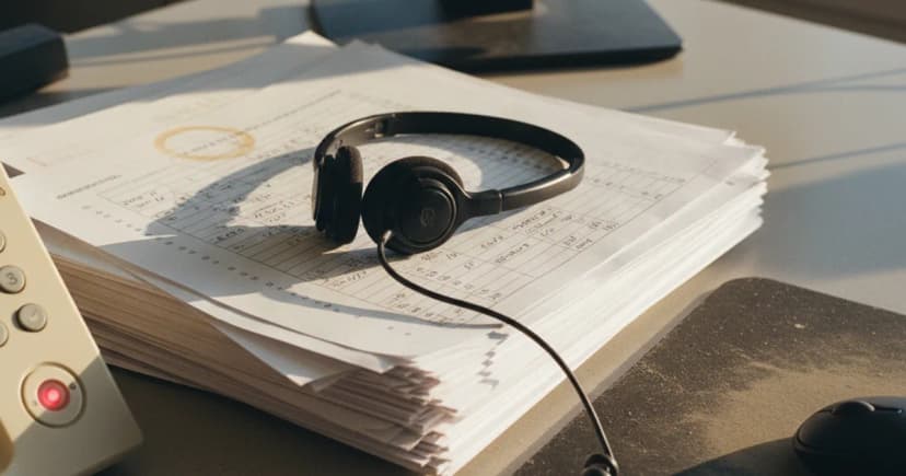 A close-up documentary photograph of a call center desk at late afternoon: a corded telephone headset rests across a stack of printed consent-log sheets, with