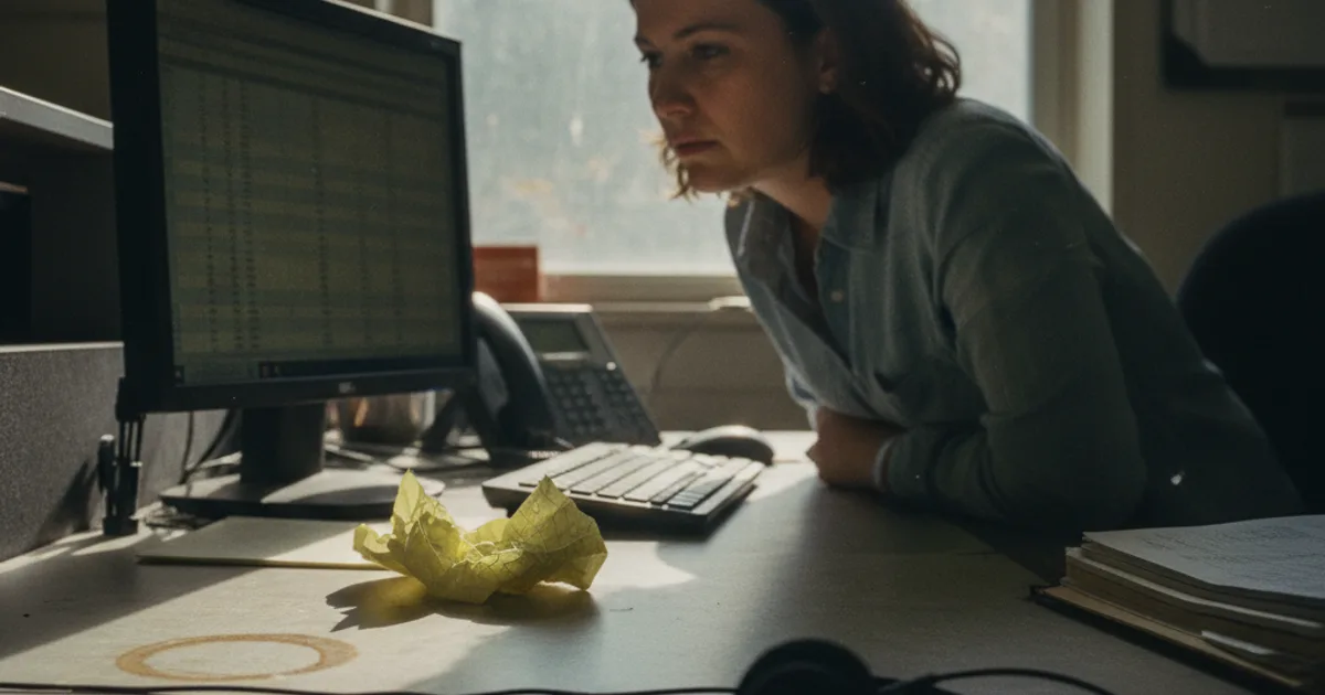 A call-center supervisor sits at a cluttered desk reviewing a headset call log on a dim monitor, with a second phone lying beside a handwritten note reduced to