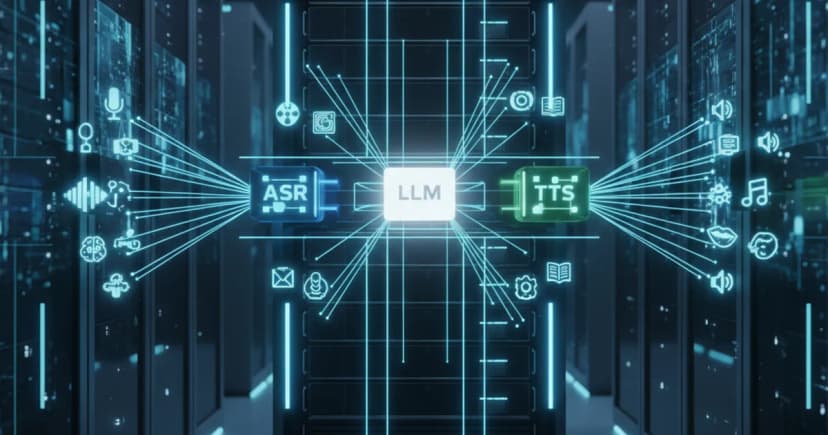 A clean, high-contrast 3D render of a voice AI pipeline visualized as three translucent nodes labeled ASR, LLM, and TTS arranged in a horizontal row inside a