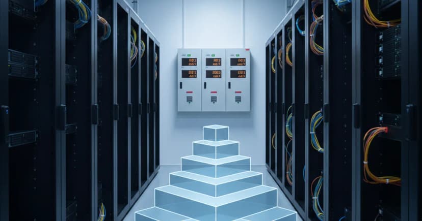A clean editorial photograph of a modern server rack room lit in cool blue-white overhead light, with a visible power meter panel on the wall showing