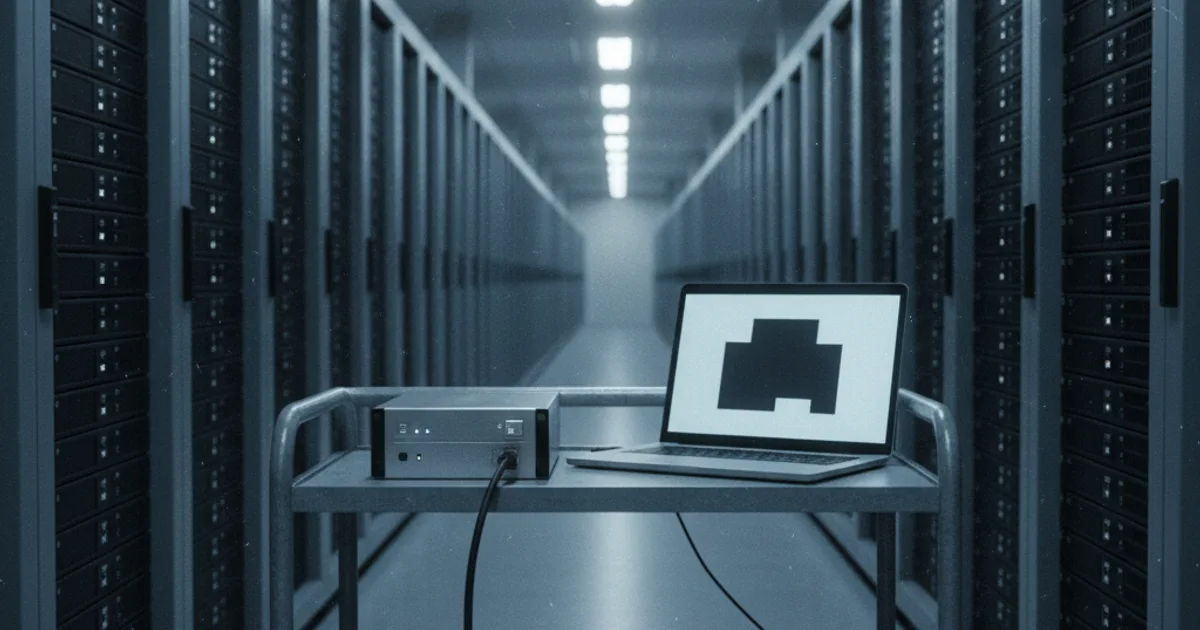 A documentary-style photograph inside a data center aisle: in the foreground, a single small server unit sits alone on a half-empty rack shelf with one cable
