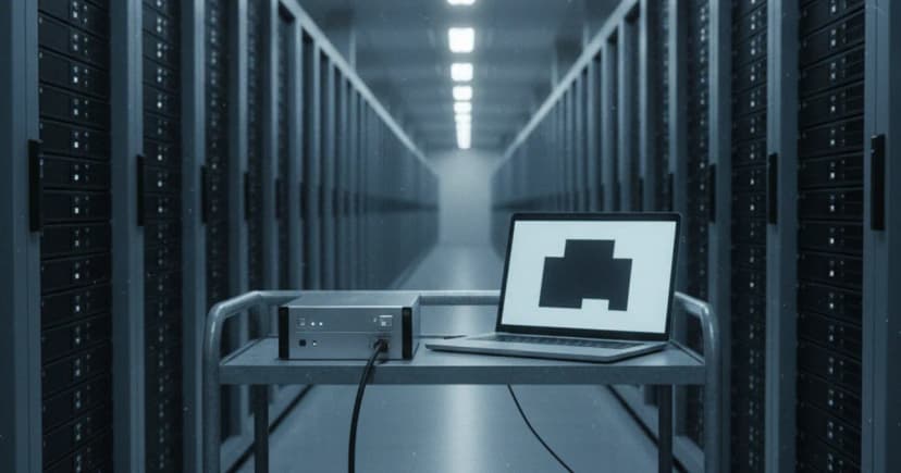 A documentary-style photograph inside a data center aisle: in the foreground, a single small server unit sits alone on a half-empty rack shelf with one cable