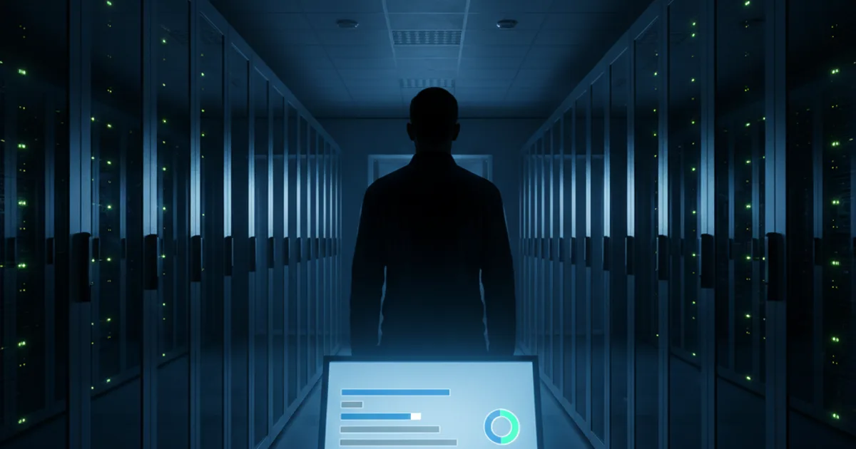 A clean, high-contrast editorial photograph of a large server room corridor at night, lit by cool blue ambient light from rack indicators