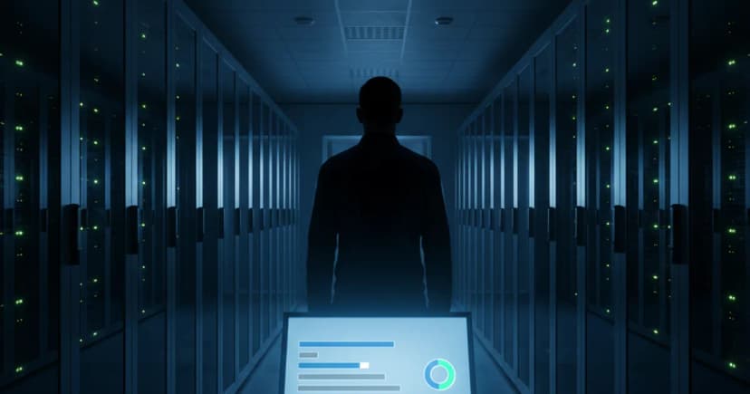 A clean, high-contrast editorial photograph of a large server room corridor at night, lit by cool blue ambient light from rack indicators