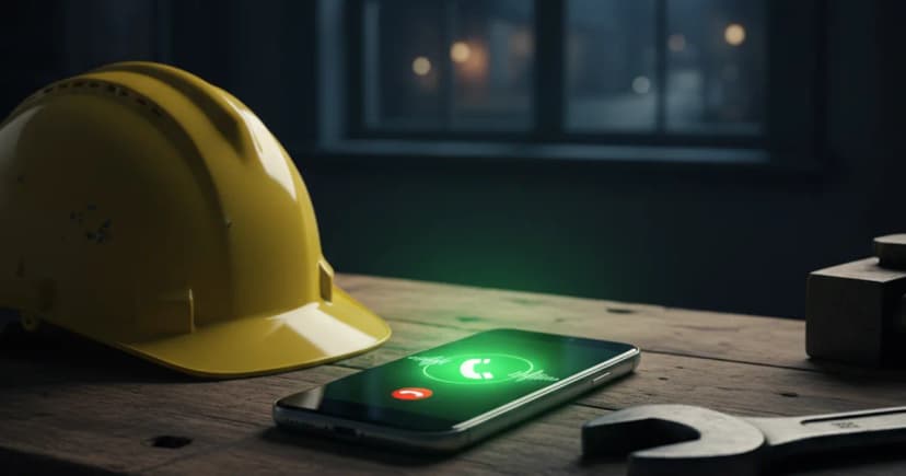 An editorial, close-up photograph of a smartphone resting on a dark wooden workbench at night, positioned next to a yellow technician's hard hat and a steel