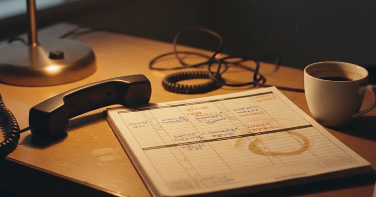 A close-up of an office reception desk at dusk: a corded phone handset rests off its cradle beside an open paper appointment book with several time slots