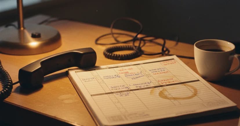 A close-up of an office reception desk at dusk: a corded phone handset rests off its cradle beside an open paper appointment book with several time slots