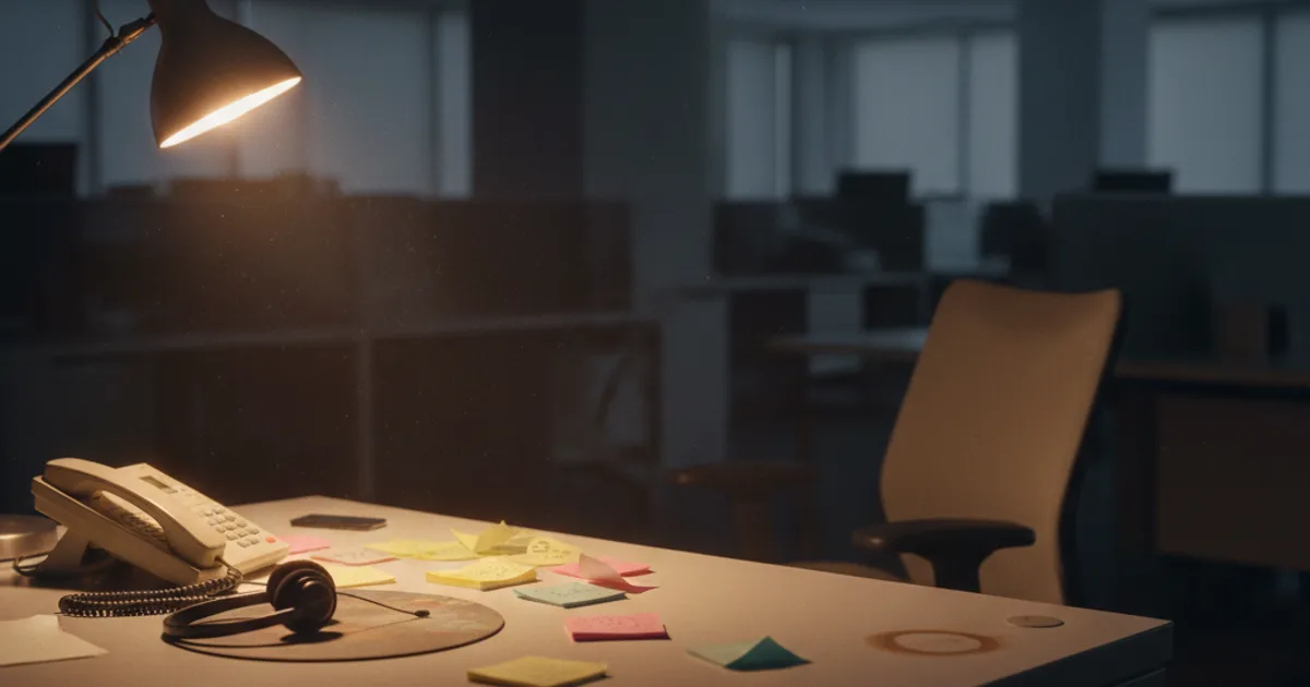 A customer support agent's empty desk at dusk in an open-plan office, a corded headset resting on a worn mousepad beside a desk phone with the receiver
