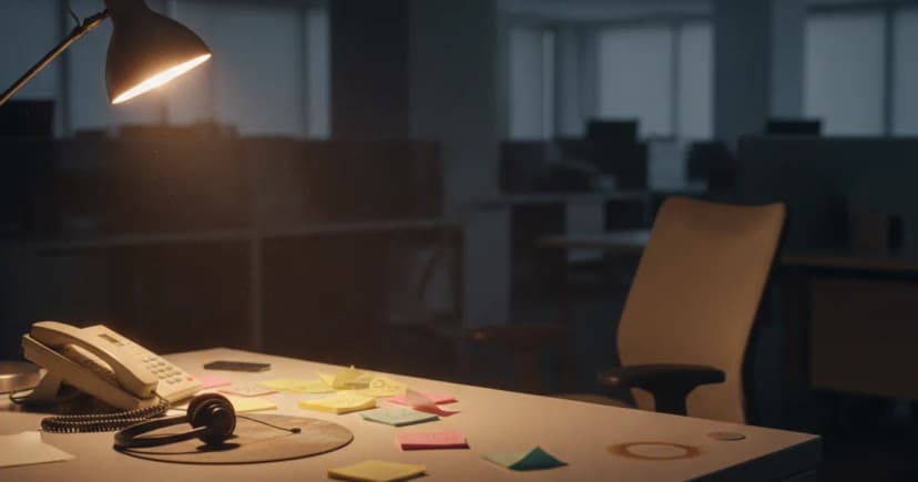 A customer support agent's empty desk at dusk in an open-plan office, a corded headset resting on a worn mousepad beside a desk phone with the receiver