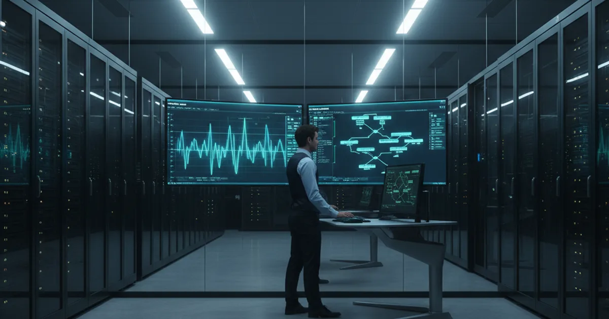 A clean server room or data center environment showing a glass-walled monitoring station with two large screens displaying waveform graphs and call-flow
