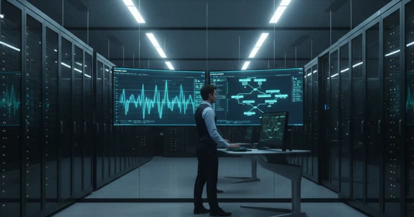 A clean server room or data center environment showing a glass-walled monitoring station with two large screens displaying waveform graphs and call-flow
