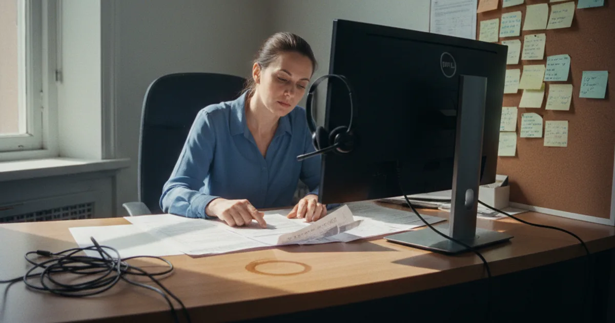 A contact center supervisor sits at a cluttered desk in the early morning, reviewing a printed call transcript next to a corkboard of sticky notes with