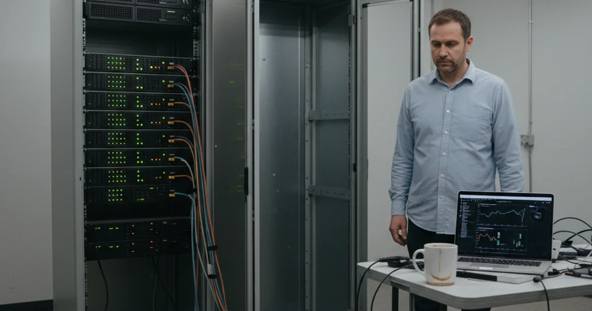 A mid-30s data infrastructure engineer in a plain button-down shirt stands in a half-finished server room: one rack fully wired with steady status lights, the