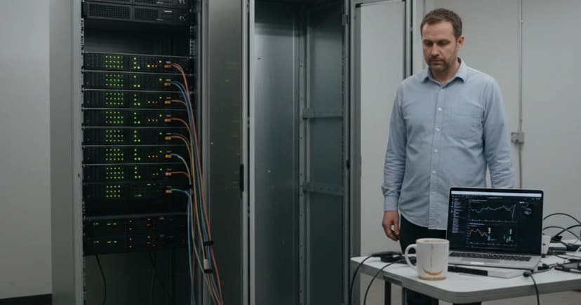 A mid-30s data infrastructure engineer in a plain button-down shirt stands in a half-finished server room: one rack fully wired with steady status lights, the