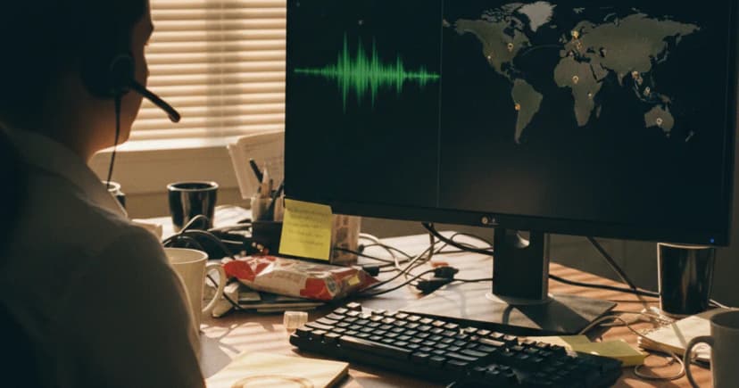 A contact center agent sits at a cluttered desk wearing a headset, watching a monitor that shows a blurred audio waveform beside a dim world map dotted with