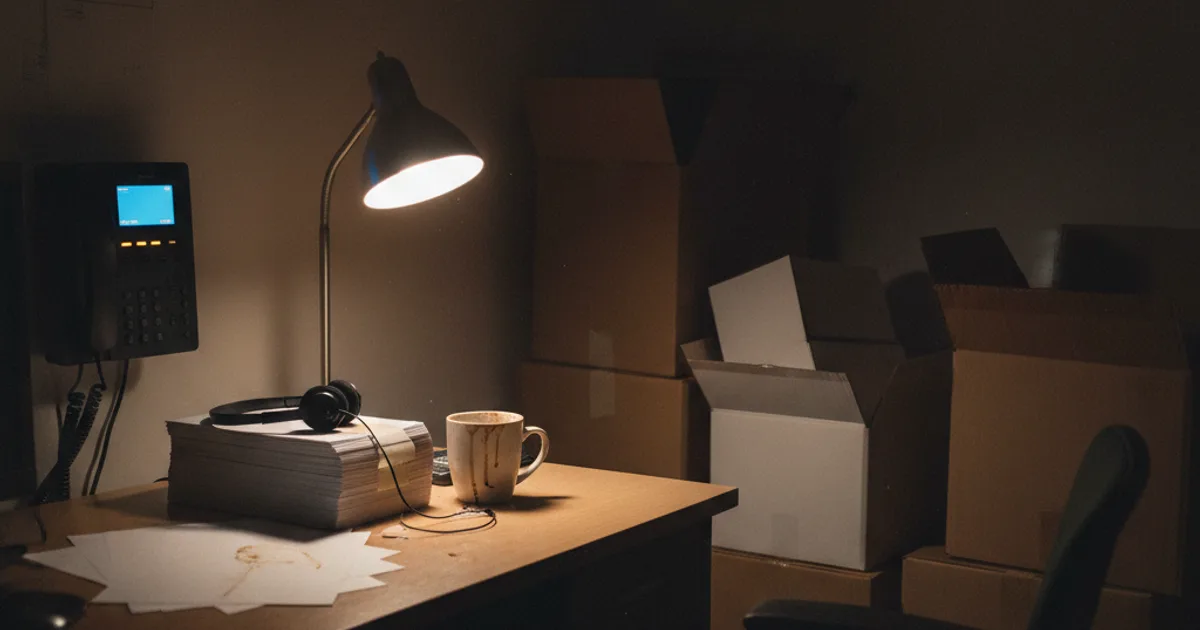 A small ecommerce warehouse office at night, lit by a single desk lamp and the blue glow of a wall-mounted phone console with a blinking line light; a headset