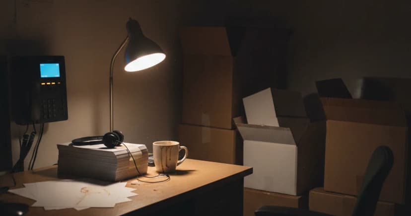 A small ecommerce warehouse office at night, lit by a single desk lamp and the blue glow of a wall-mounted phone console with a blinking line light; a headset