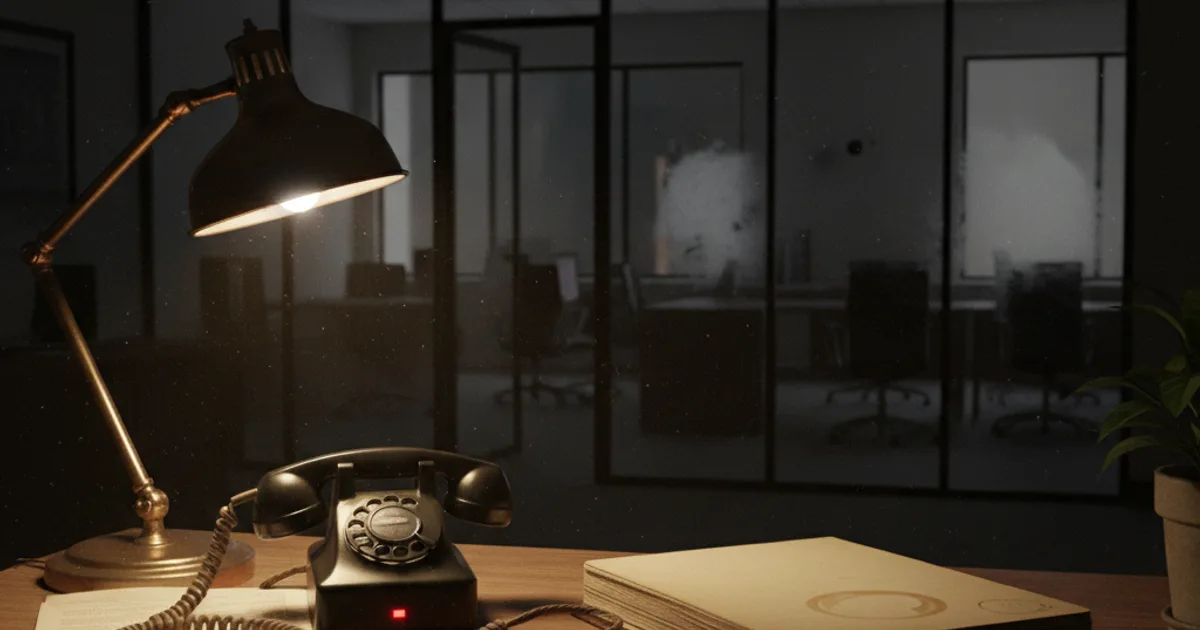 A dimly lit law firm reception desk at night, an old-style office phone with its receiver blinking mid-ring beside a leather-bound appointment book left open
