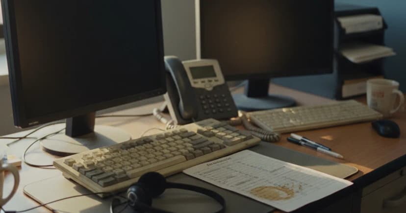 A quiet call center supervisor's desk after hours, a headset resting on a worn keyboard beside a coffee-ringed printed checklist with checkboxes, two monitors