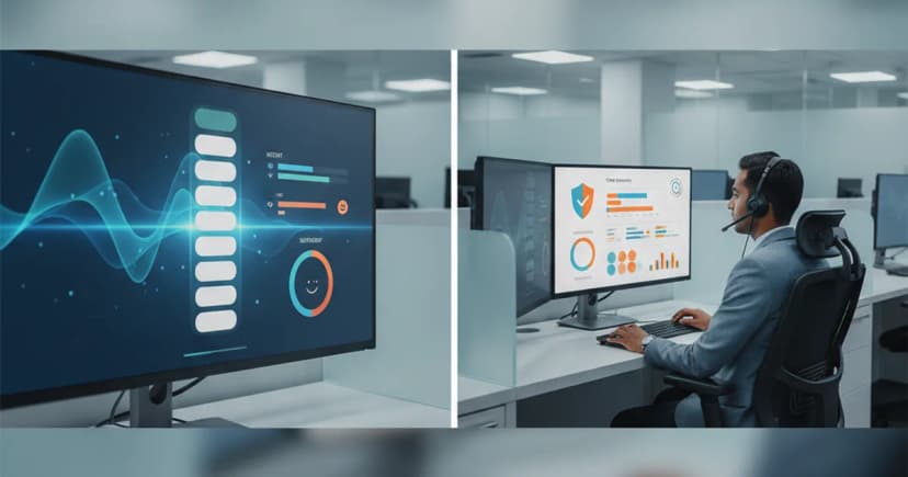 A split-screen operations center scene: on the left, a voice AI interface on a monitor showing a live call transcript with intent and sentiment indicators; on